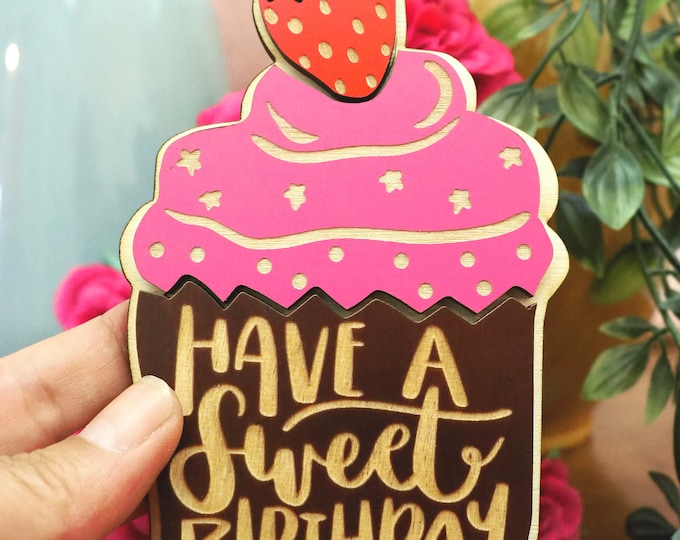 Wooden Birthday Card, Wooden Postcard, Cupcake Wood Card, Wooden Cupcake Card, Gift for Her, Gift for Him, Birthday Gift Card, WBR02