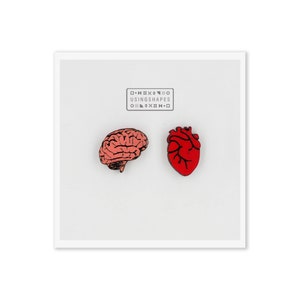 Heart and Brain Stud Earrings, Heart Earrings,Brain Earrings, Wooden Earrings, Anatomical Heart Post, Pink and Red Posts, Eco friendly