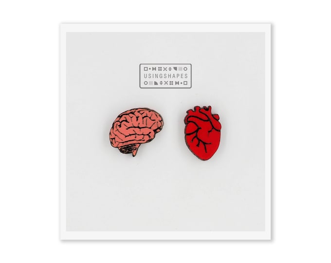 Heart and Brain Stud Earrings, Heart Earrings,Brain Earrings, Wooden Earrings, Anatomical Heart Post, Pink and Red Posts, Eco friendly