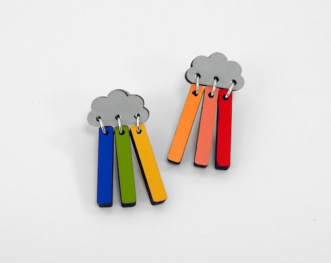 Grey Cloud with colorful Drops Stud Earrings, Cloud and Drops Studs, Gray Cloud Stud Earring