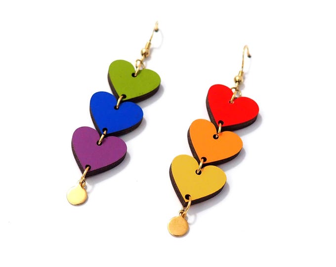 Hearts Drop Earrings, LGBT Hearts Earrings, Colorful Hearts Earrings, Eco friendly, RD09