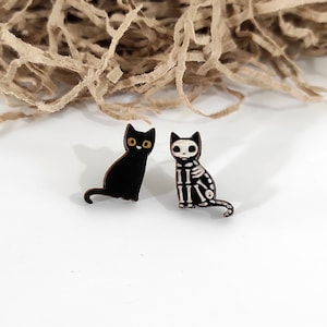 Halloween Skeleton Cat, Black Cat Stud Earrings, Cat Earrings, Black Cat Earrings, Cat stud Earrings, Wooden Earrings, Funny Studs, SBK24