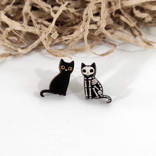 Halloween Skeleton Cat, Black Cat Stud Earrings, Cat Earrings, Black Cat Earrings, Cat stud Earrings, Wooden Earrings, Funny Studs, SBK24