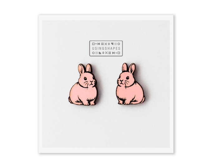 Pink Bunny Stud Earrings, Cute Bunny Studs, Gift for Young Girl, Wooden Earrings, Eco friendly