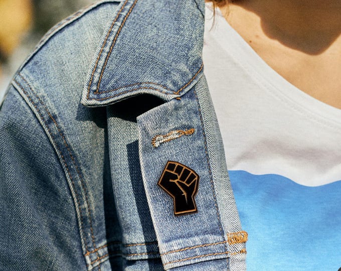 Black Raised Fist Pin, Hand Painted BLM, Wooden Brooch, Power Symbol Of Solidarity, Activist Pin, Eco friendly