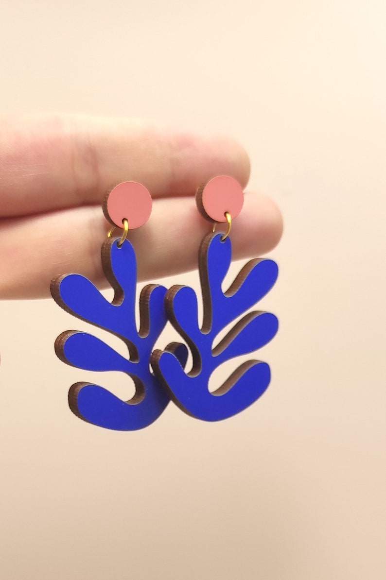 Henri Matisse Inspired Wooden Drop Earrings, Blue and Pink Earrings, Art Inspired Jewelry, Eco friendly BL5 画像 4