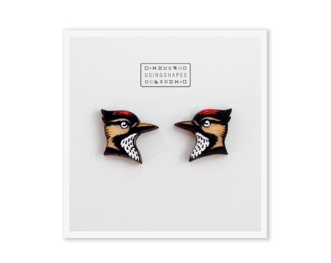 Woodpecker Stud Earrings, Bird Lover Gift, Wooden Nature Jewelry, Handmade Animal Earrings, Cute Bird Earrings, Wildlife Earrings