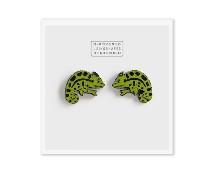 Chameleon Stud Earrings, Chameleon Studs, Green Posts, Reptile Lovers, Lizard Earrings, Wooden Earrings, Eco friendly