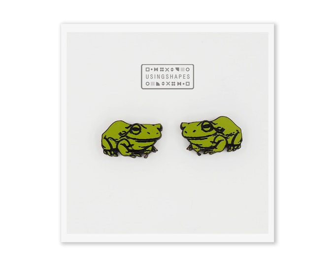 Frog Stud Earrings, Frog Studs, Green Posts, Amphibian Lovers, Green Frog Earrings, Wooden Earrings, Green Stud Earrings, Eco friendly