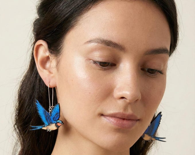 Swallow Bird Drop Earrings: Lightweight Birch Plywood