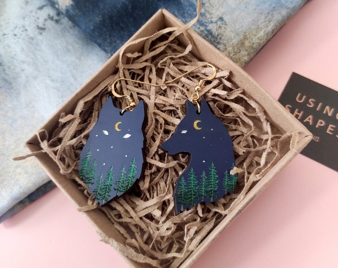 Wolf and Forest Landscape Earrings: Sterling Silver, Forest Moon, Wooden Jewelry
