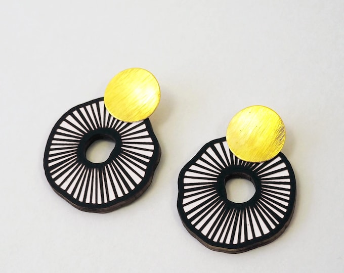 Gold & White Statement Earrings – Round Modern Art Earrings, Lightweight Modern Dangle Jewelry, Statement Earrings, Abstract Earrings