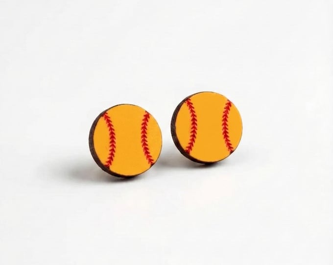 Softball Stud Earrings Wooden Jewelry Hand Painted Hypoallergenic