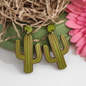 Green Cactus Earrings, Botanical Earrings, Wooden Earrings, Drop Earrings, Gift For Her, Desert Earrings, Cactus Dangle Earrings, GR07