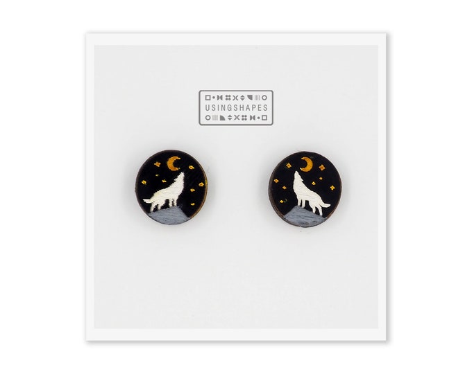 Wolf and Moon Stud Earrings, Wolf Earrings, Moon Earrings, Howling Wolf Earrings, Mountains Earrings, Grey Wolf Studs, Eco friendly