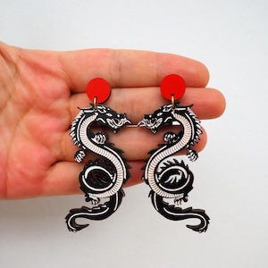 Hand-Painted Dragon Earrings: Black & White Wooden Fantasy Jewelry