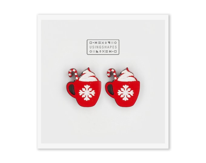 Christmas Mug Stud Earrings, Christmas Studs, Red Posts, Christmas Earrings, Christmas Morning, Wooden Earrings, Eco friendly