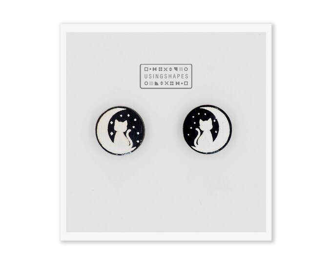 Cat On The Moon Stud Earrings, Hand painted Jewelry, Wooden Jewelry, Moon Earrings, Cute Cat Stud Earrings, Eco friendly