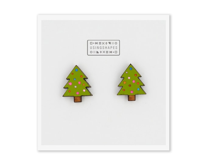 Christmas Tree Stud Earrings, Wooden Earrings, Green Stud Earrings, Christmas Tree Earrings, Green Tree Earrings, Eco friendly