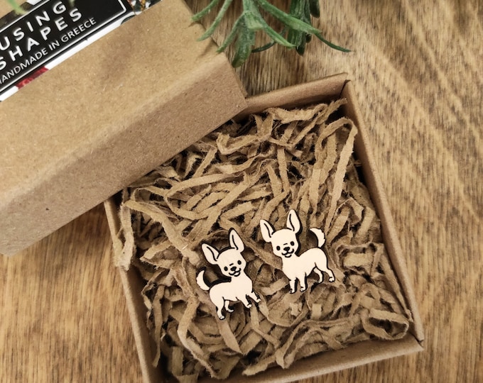 Handmade Chihuahua Dog Stud Earrings: Painted Birch Wood