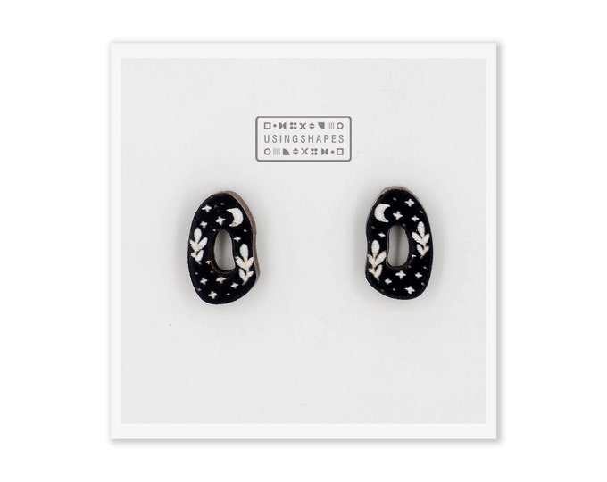 Moon and Leaves Stud Earrings, Hand Painted Earrings, Moon Stud Earrings, Boho Earrings, Mystical Earrings, Eco friendly