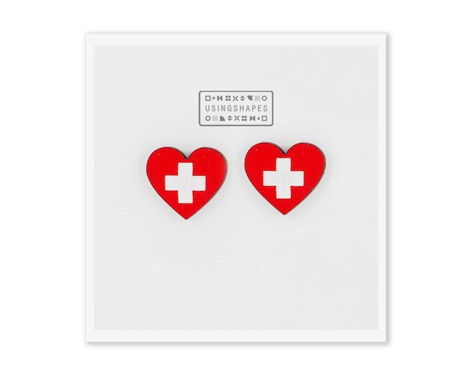 White Cross Red Heart Stud Earrings, Nurse Post Earrings, Heart Medical Cross Stud Earrings, Heart Accessories, White Cross, Eco friendly