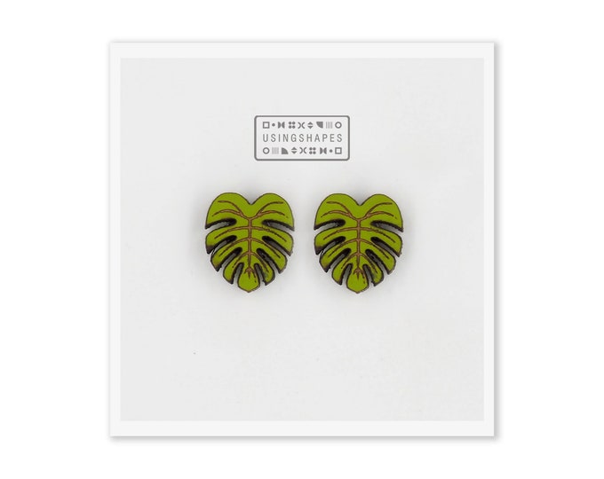 Monstera Leaf Stud Earrings, Leaf Earrings, Tropical Leaf Studs, Green Leaf, Plant Earrings, Botanical Earrings, Eco friendly