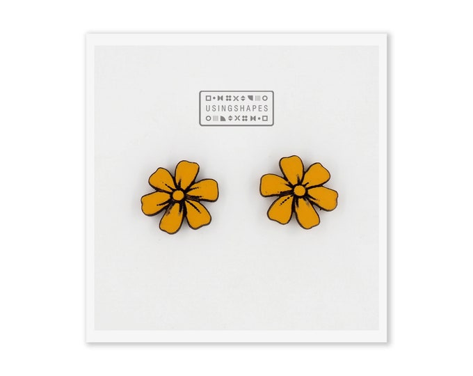 Yellow Flower Stud Earrings, Floral Studs, Botanical Earrings, Wooden Stud Earrings, Flowers Jewelry, Yellow Flowers, Eco friendly