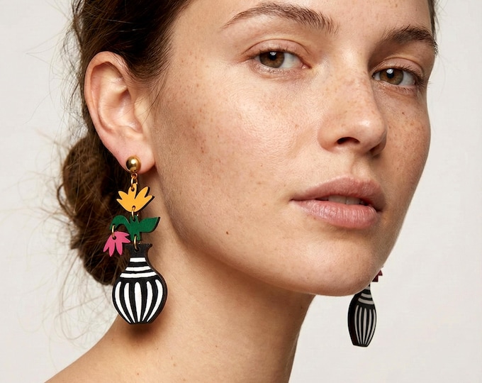 Flower in a Vase Drop Earrings – Handmade Wooden Floral Jewelry, Lightweight Statement Earrings, Nature-Inspired Gift for Her