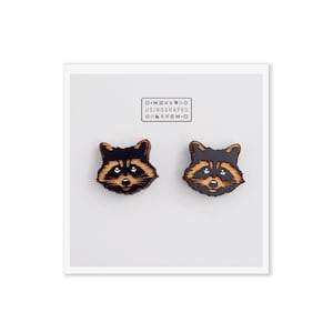 Hand-Painted Raccoon Stud Earrings: Birch Wood, Hypoallergenic Posts