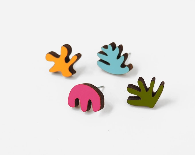 Set of 4 Organic Shapes Stud Earrings, Colorful Shapes, Wooden Earrings, Post Earrings, Hypoallergenic Posts, Eco friendly