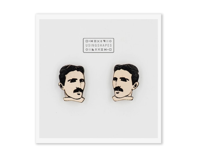 Nikola Tesla Stud Earrings, Wooden Earrings, Post Earrings, Tesla Jewelry, Tesla Earrings, Tesla Studs, Famous Person Studs, Eco Friendly