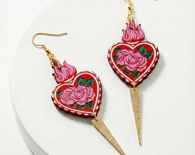 Sacred Heart Earrings with Roses and Gold Dagger, Handmade Wooden Earrings, Bold Romantic Statement Jewelry