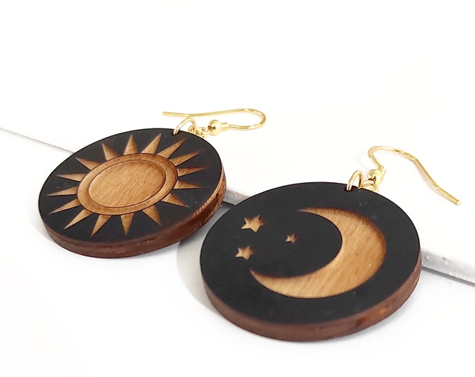 Sun and Moon Drop Dangle Earrings, Sun Earrings, Moon & Stars Earrings, Mystical Earrings, Black Earrings, BK001