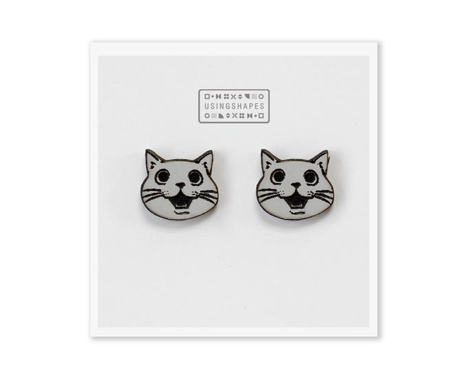 Cute Grey Cat Stud Earrings, Hand Painted Wooden Jewelry, Cat Earrings