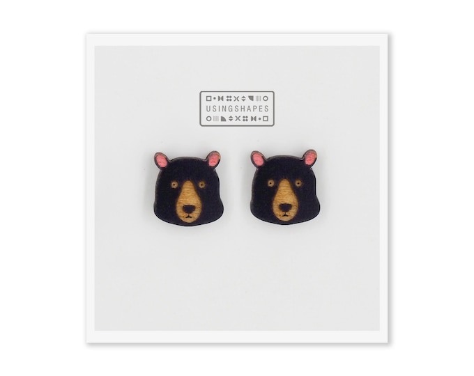 Bear Stud Earrings, Black Bear Posts, Black Bear Earrings, Wild Animal Jewelry, Wildlife Earrings, Woodland Studs, Eco friendly