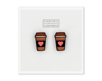 Coffee Cup Stud Earrings: Hand-Painted Birch Wood, Hypoallergenic