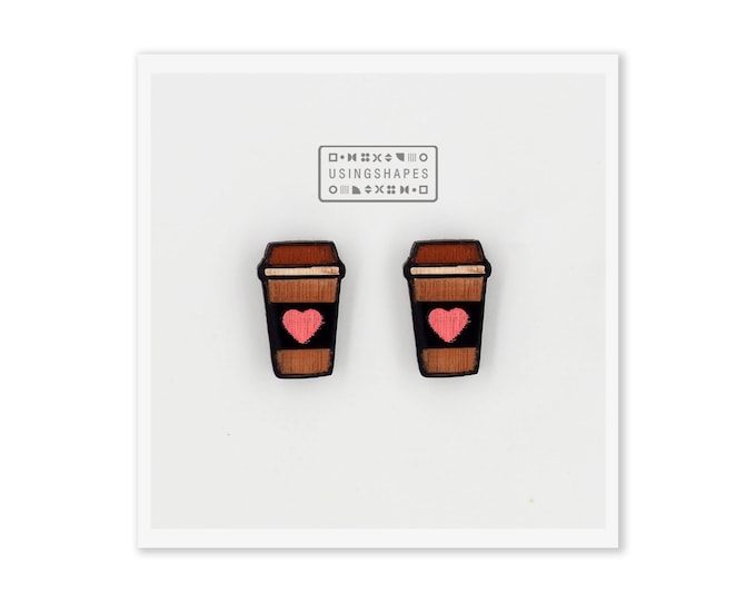 Coffee Cup Stud Earrings, Valentine Coffee Stud Earrings, Coffee Lover Studs, Coffee Lover Gift, Wooden Stud Earrings, Eco friendly