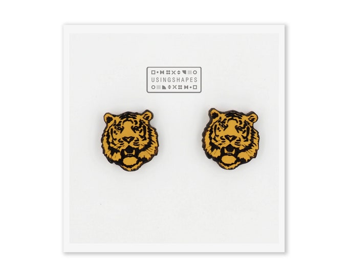 Tiger Face Stud Earrings, Wild Animal Earrings, Handmade Jewellery, Yellow Tiger Studs, Hypoallergenic Post Earrings, Eco friendly