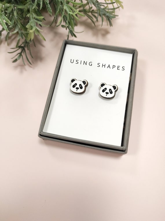 Panda Bear Stud Earrings - Animal Earrings - Wooden