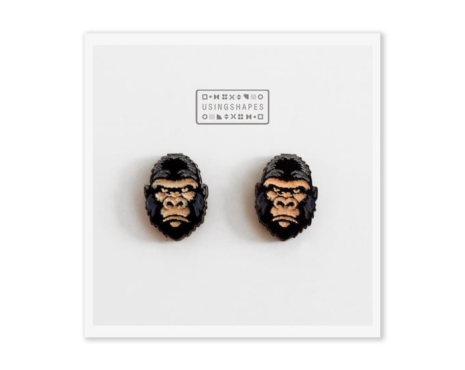 Gorilla Stud Earrings, Gorilla Earrings, Gorilla Face Earrings, Gorilla Studs, Wooden Earrings