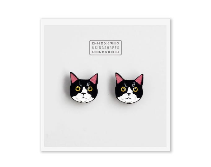 Tuxedo Cat Stud Earrings, Hand painted Wooden Jewelry, Tuxedo Earrings, Cute Cat Stud Earrings, Eco friendly