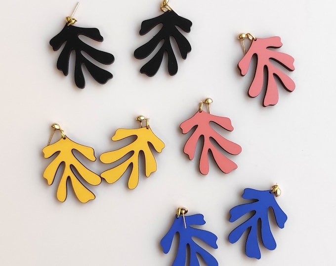 Matisse Inspired Leaf Dangle Earrings, Wooden Art Jewelry