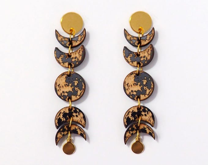 Moon Phases Dangle Earrings, Wooden Jewelry,