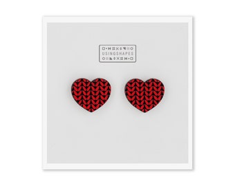 Knitted Heart Stud Earrings, Red Christmas Jewelry