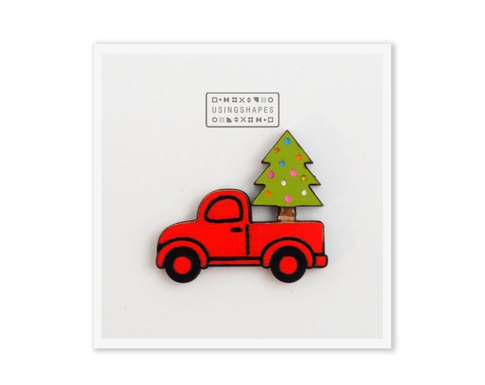 Wooden Red Christmas Truck with Christmas Tree PIN/Brooch, Christmas gifts, Christmas pin, Eco friendly brooch