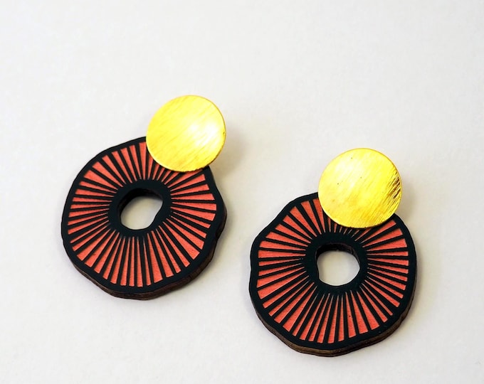 Round Statement Earrings – Gold & Coral Sunburst Design,  Lightweight Modern Dangle Jewelry, Statement Earrings, Abstract Earrings