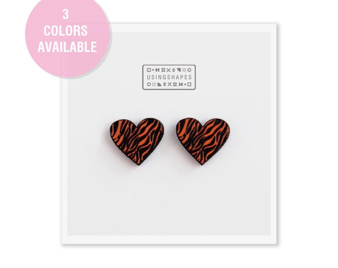Tiger Stripe Heart Shaped Earrings. Orange with black stripes Handmade Studs Earrings | Unique and Sweet Heart Jewelry