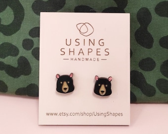 Bear Stud Earrings,Black Bear Posts, Black Bear Earrings, Wild Animal Jewelry, Wildlife Earrings, Wooden Earrings, Eco friendly, SBK89