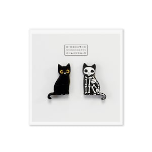 ハロウィン スケルトン キャット、黒猫スタッド イヤリング、猫イヤリング、黒猫イヤリング、猫スタッド イヤリング、木製イヤリング、面白いスタッド